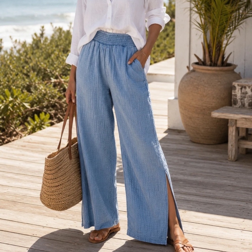 Aerie Blue Gauze Wide Leg Smocked Waist Side Slit Pants Large